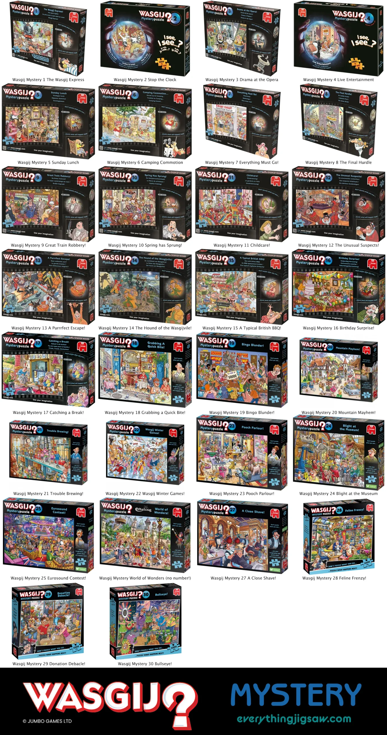 All Wasgij Mystery puzzle list (boxes)