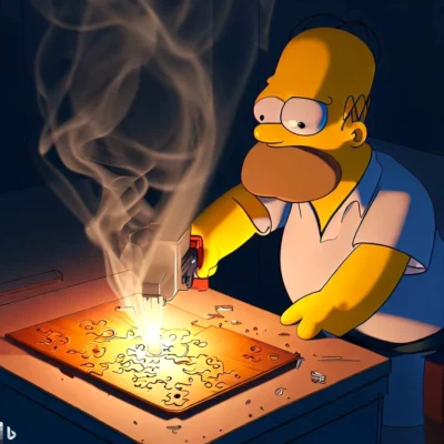 Homer Simpson using a laser to cut a jigsaw puzzle