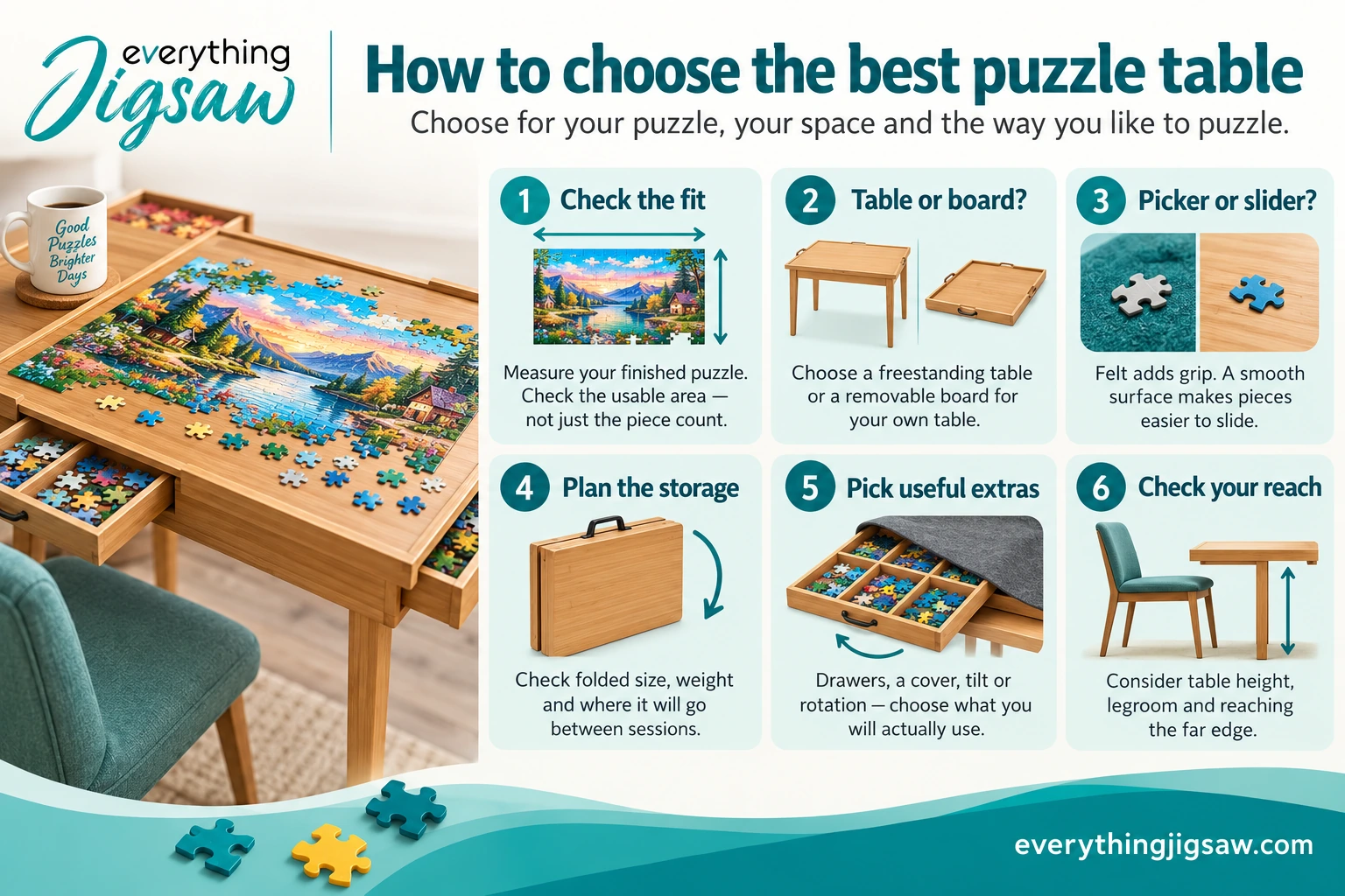 Puzzle-table checklist: check the finished puzzle size, choose a table or board, consider surface feel, plan storage, pick useful extras and check your reach