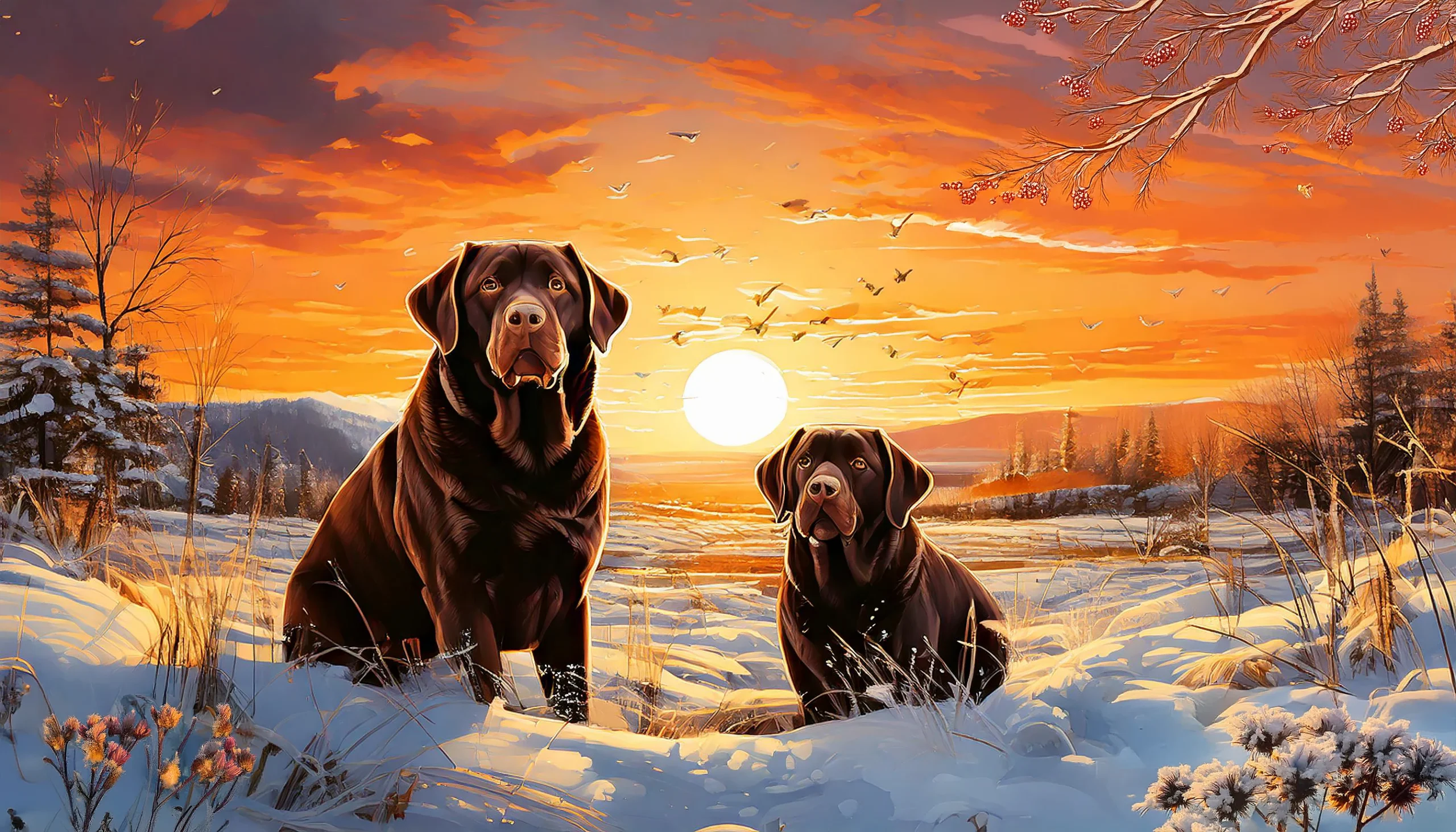 Chocolate labradors sunset winter scene jigsaw puzzle