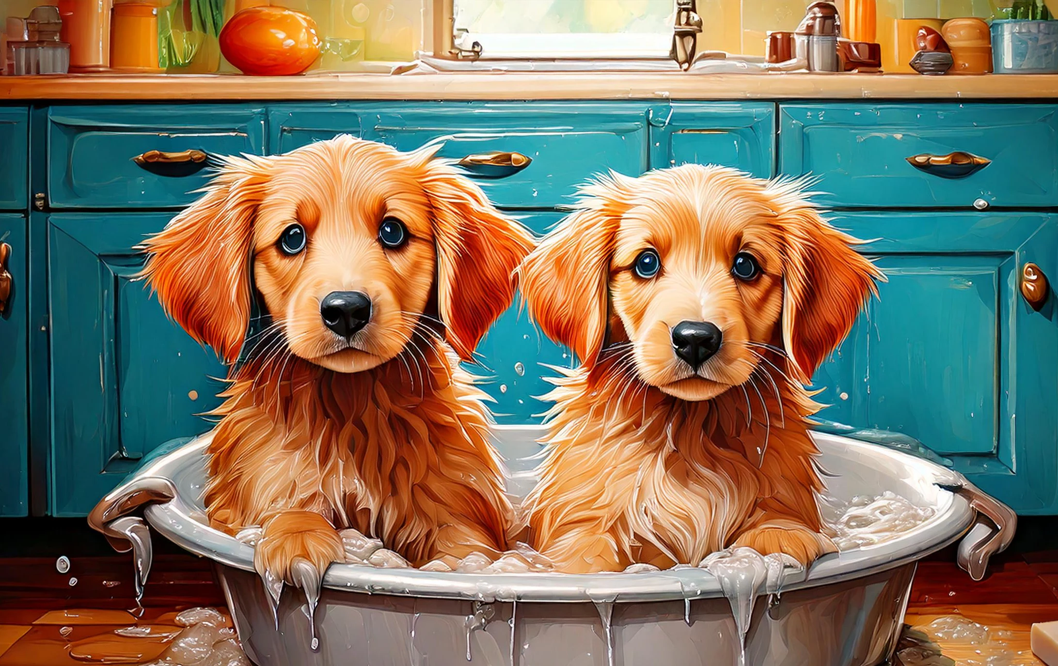 Golden Retriever Puppies having a bath jigsaw puzzle