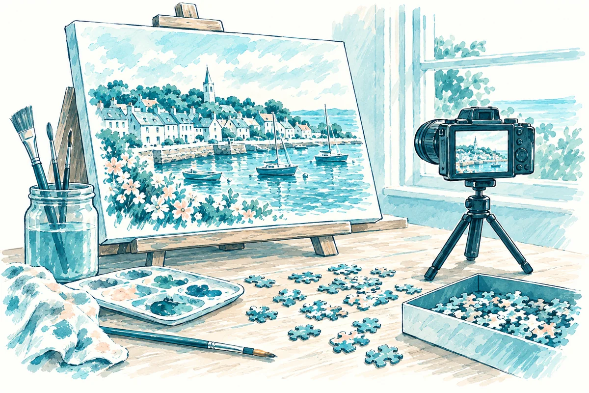 Teal illustration of an artist’s worktable with a coastal painting and camera