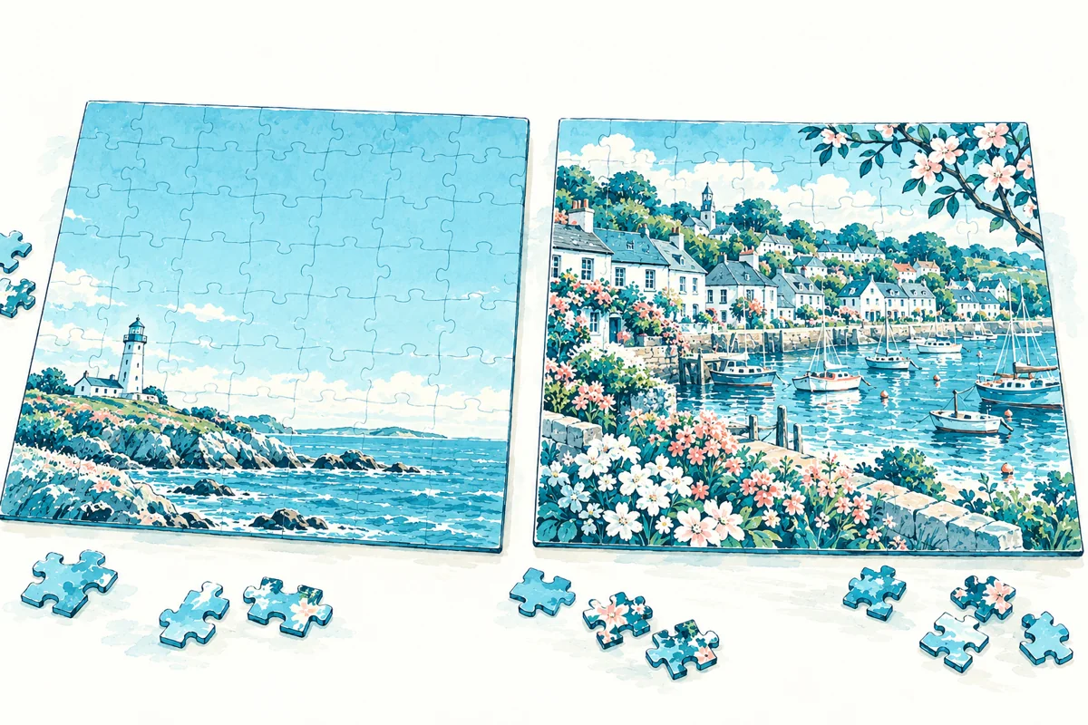 Teal illustration comparing broad plain sky with a coastal picture full of varied details