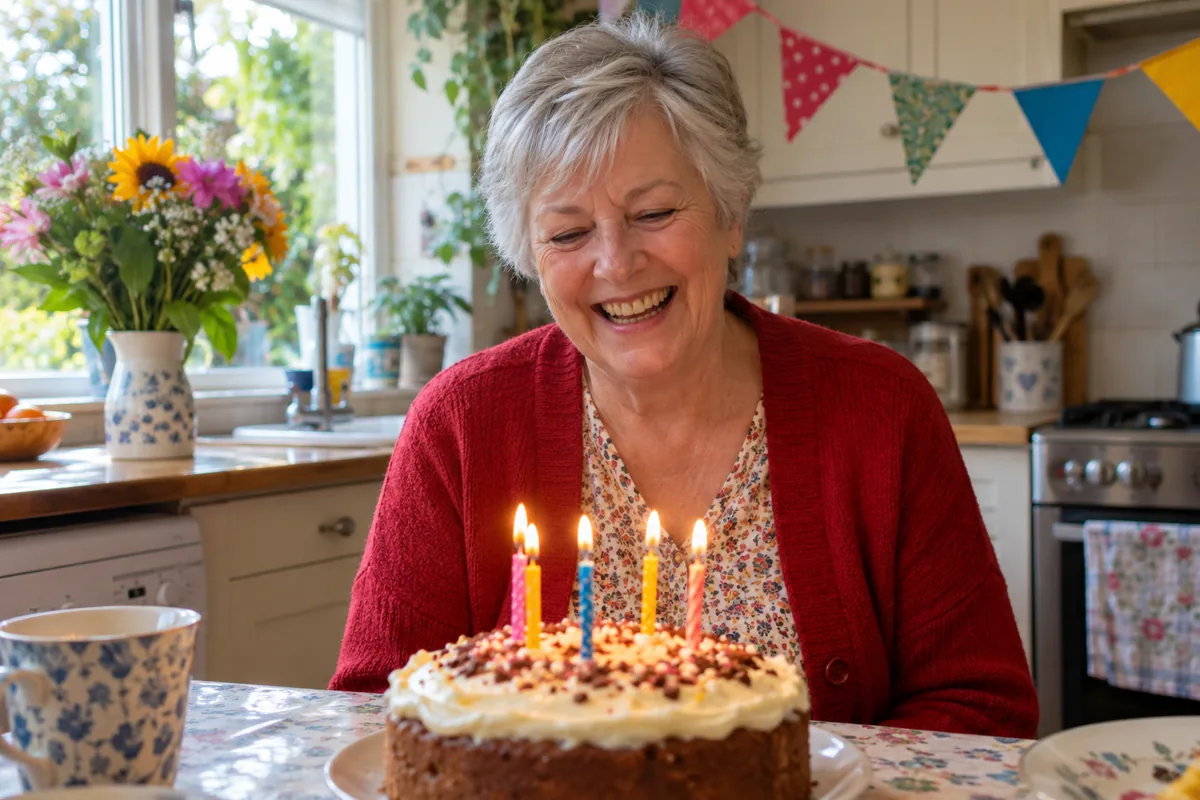A woman laughing beside her birthday cake — AI-generated example