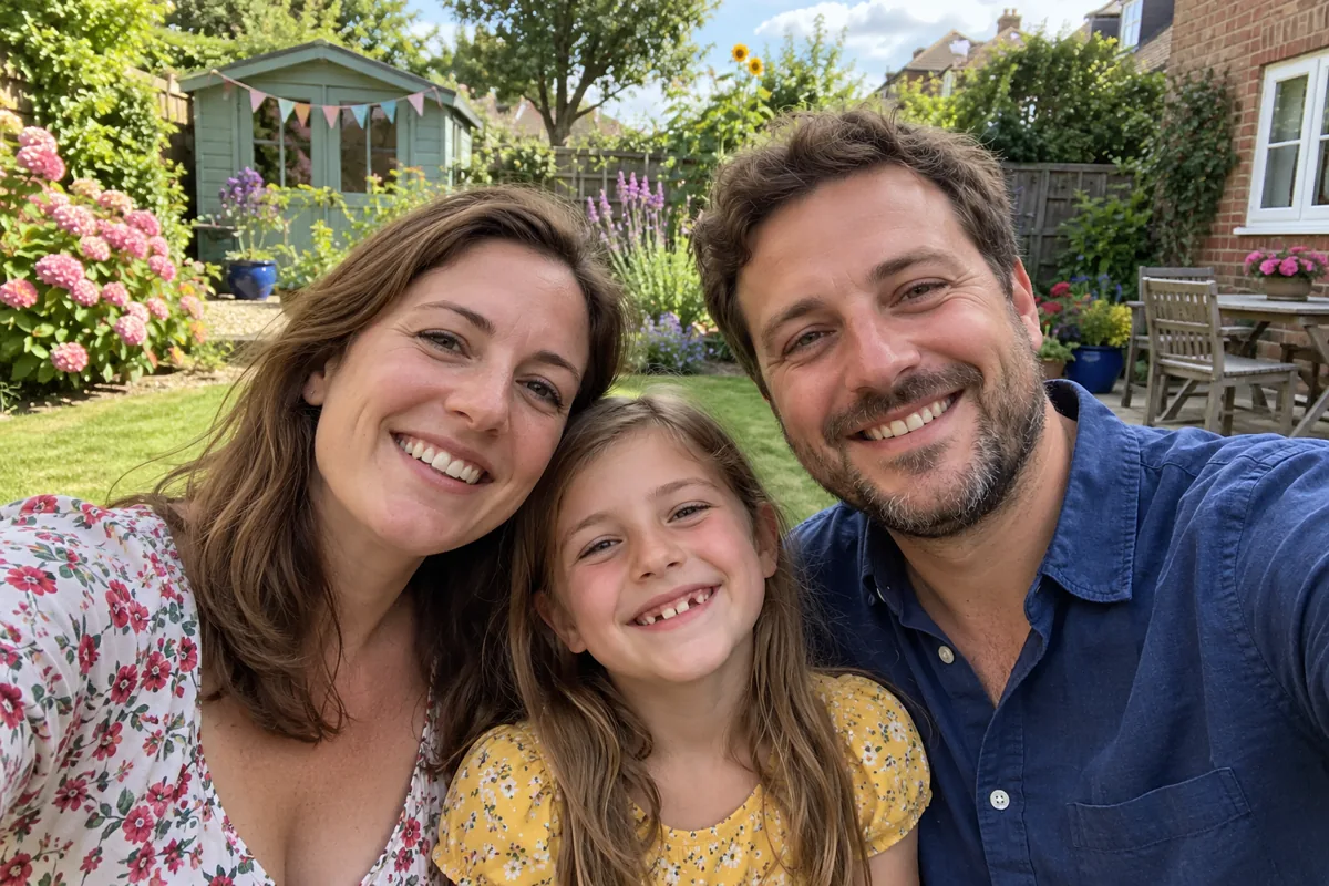 A family smiling together in a garden — AI-generated example