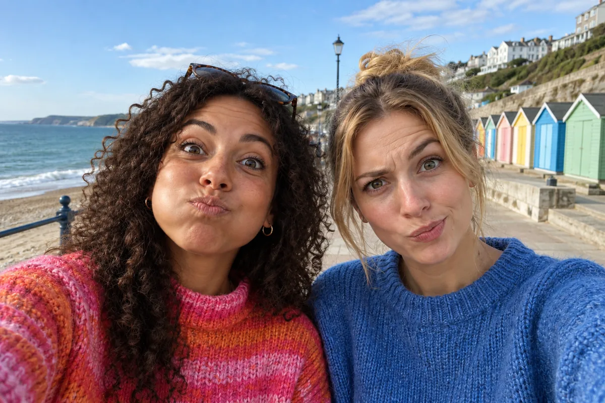 Two friends pulling silly faces by the sea — AI-generated example