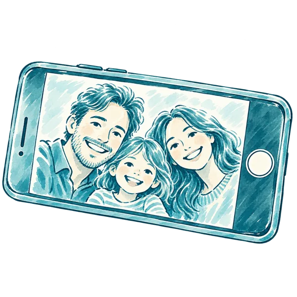 Teal brush illustration of a family selfie on a phone
