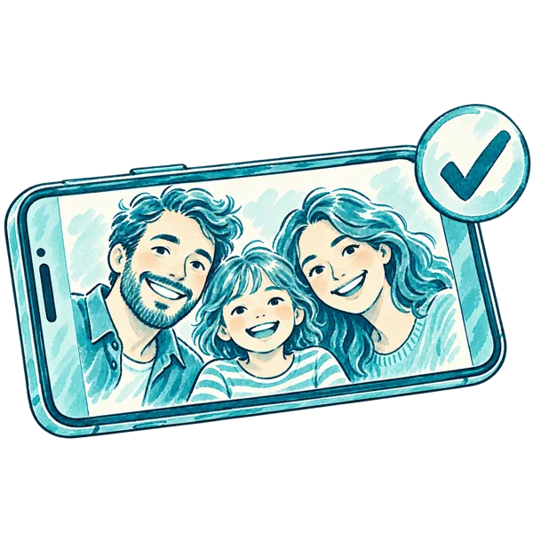 Teal brush illustration of checking a family photograph