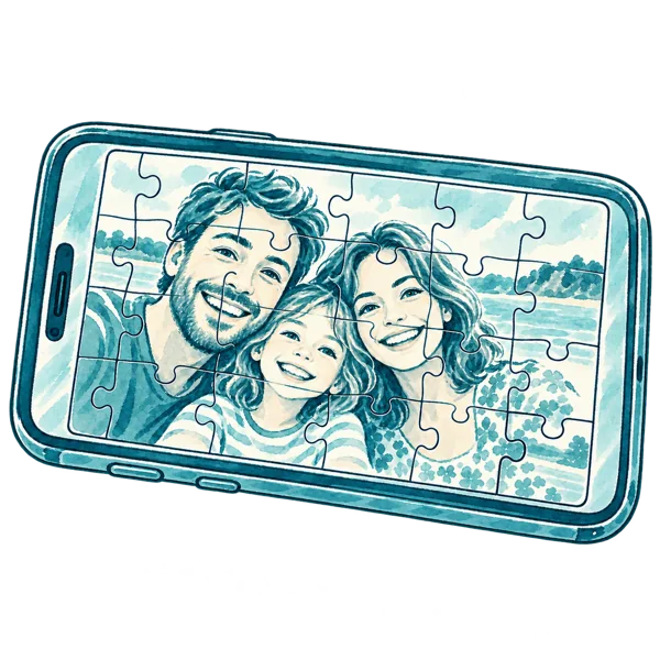 Teal brush illustration of a family photo jigsaw