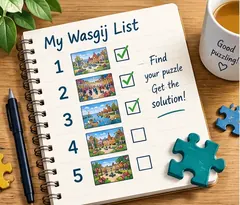 Illustrated Wasgij puzzle checklist in a notebook