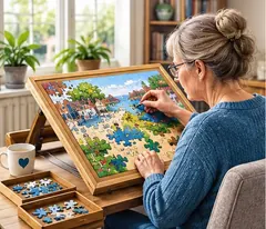 Puzzling at a tilted wooden board with sorting trays