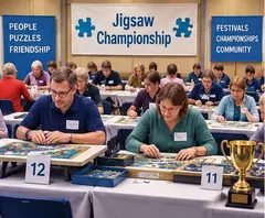 Illustrated jigsaw championship with competitors and a trophy