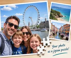 Family holiday-photo collage with jigsaw pieces