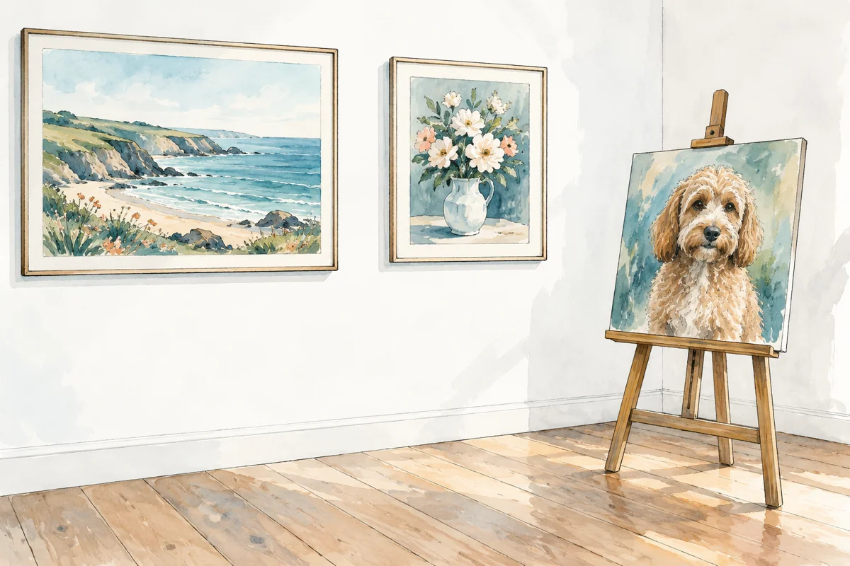 Teal illustration of original paintings displayed in a small gallery