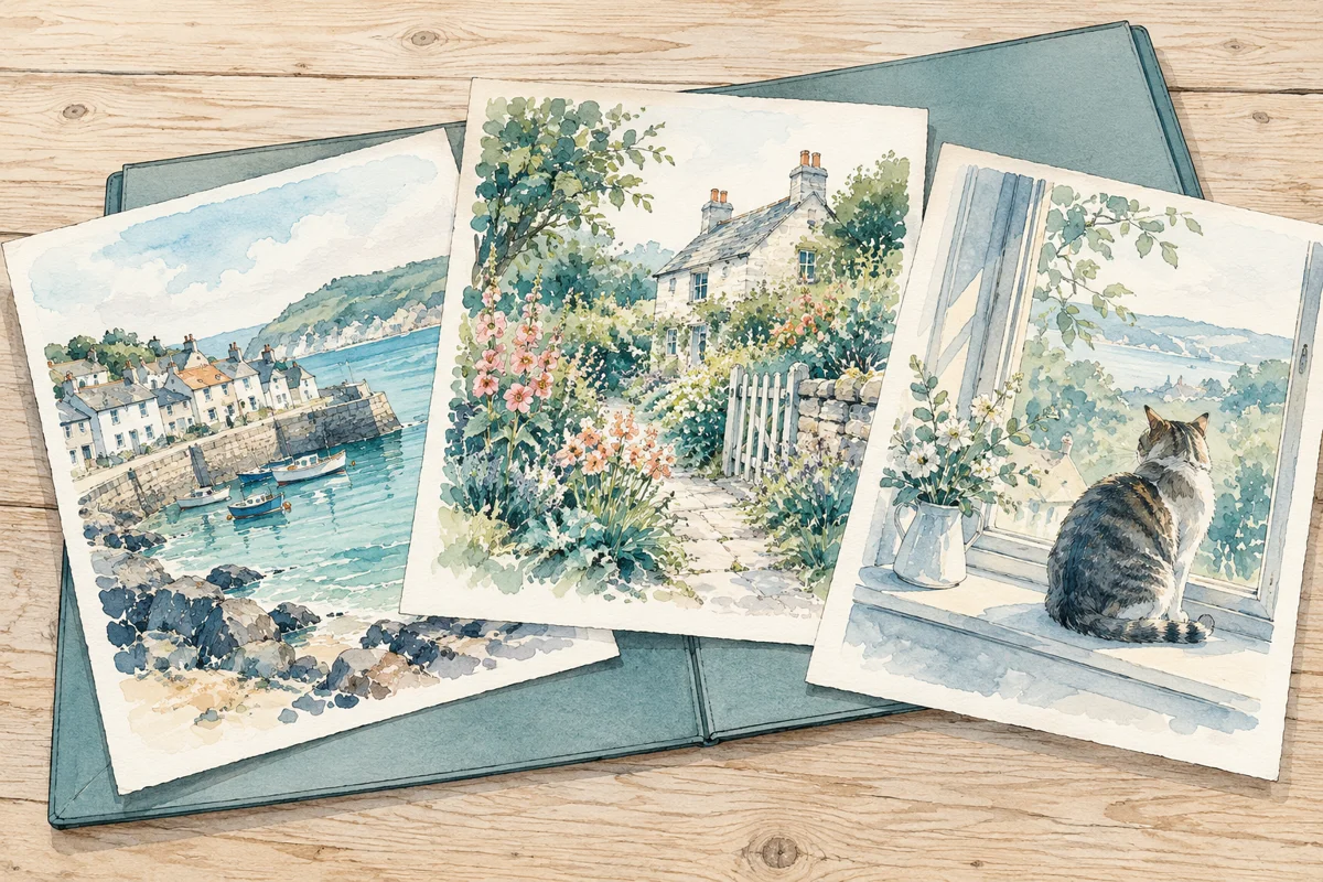Teal illustration of a small portfolio containing three different paintings