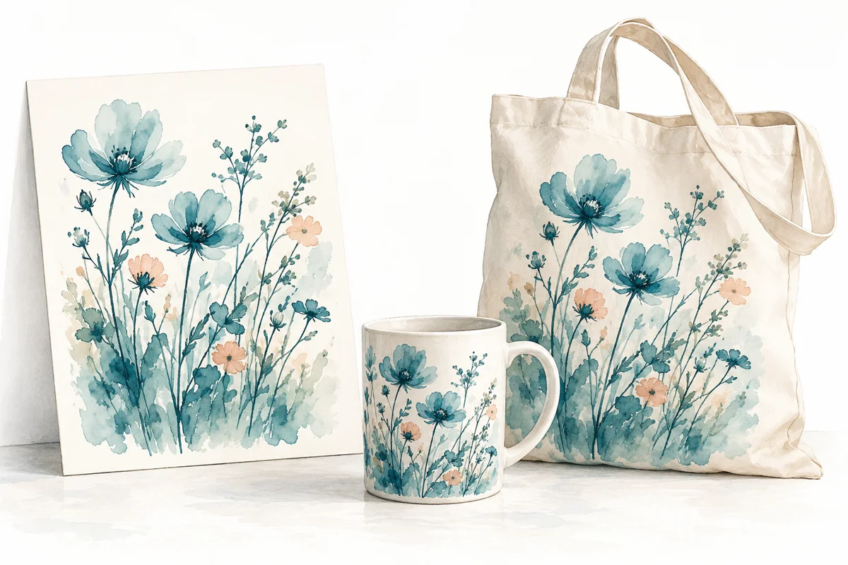 Teal illustration of an art print, a mug and a tote bag sharing a floral design