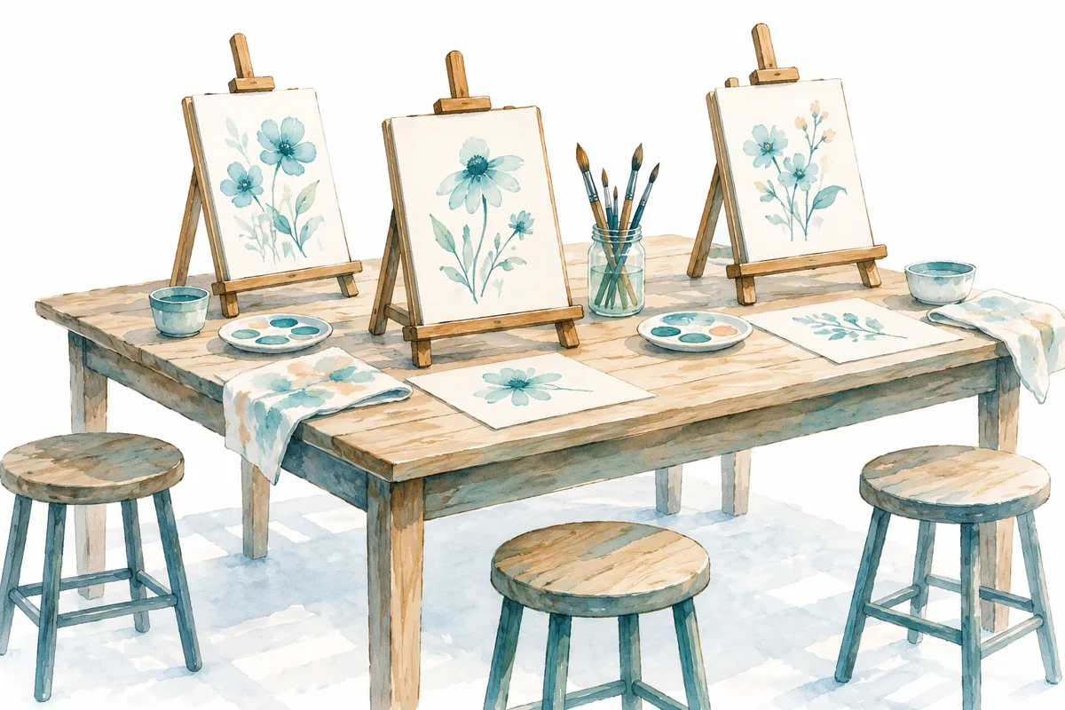 Teal illustration of a small painting workshop prepared with easels and brushes