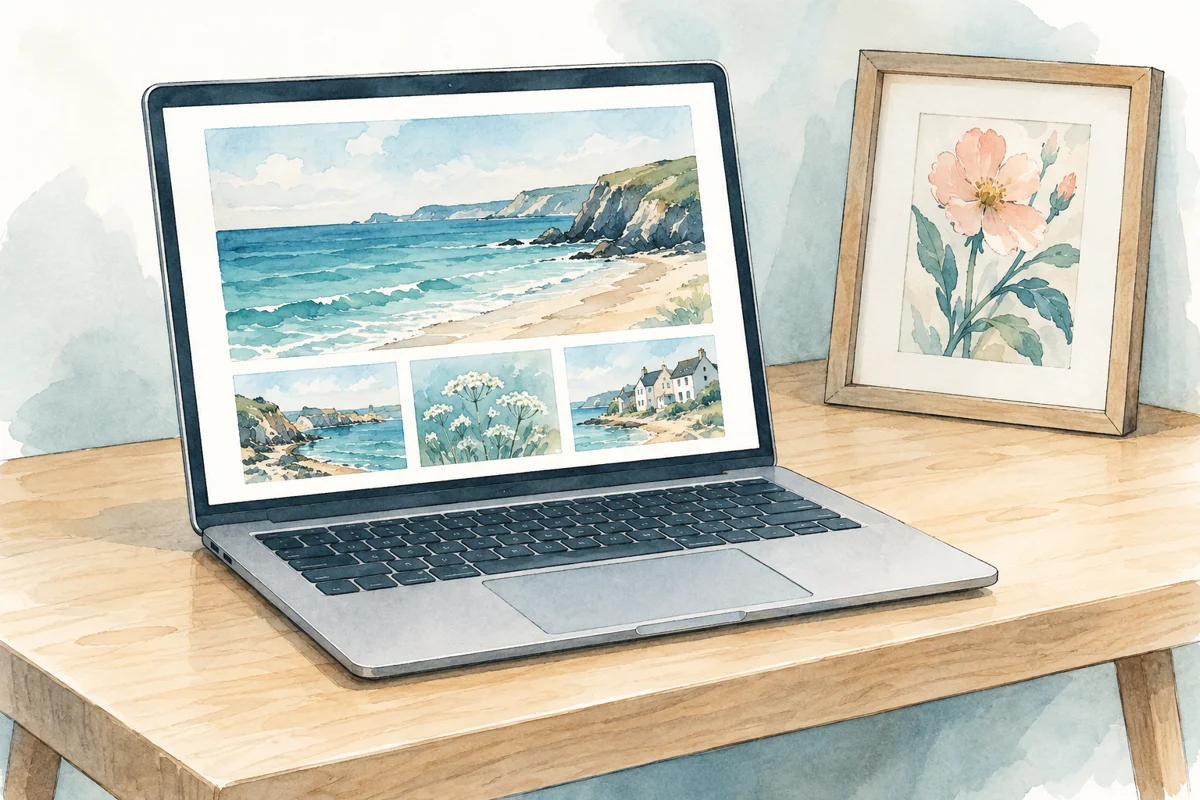 Teal illustration of a laptop displaying a gallery of paintings