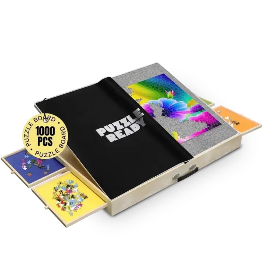 Puzzle Ready 1000-piece board with four coloured drawers and its black cover