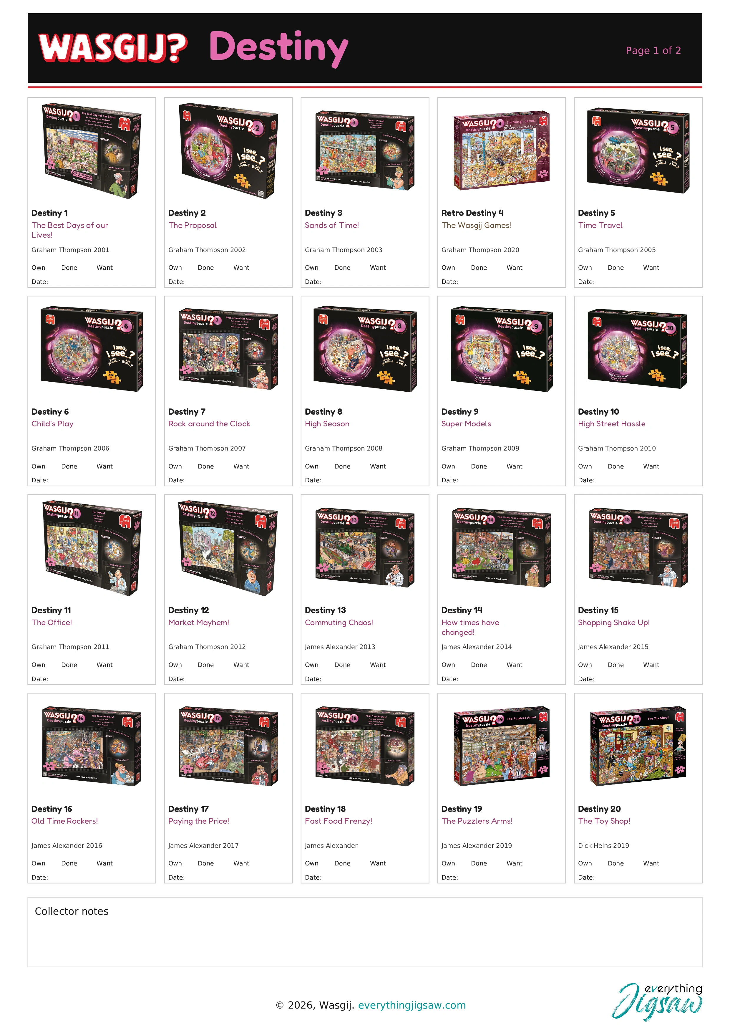 Wasgij Destiny puzzle collector list — box images, page 1 of 2