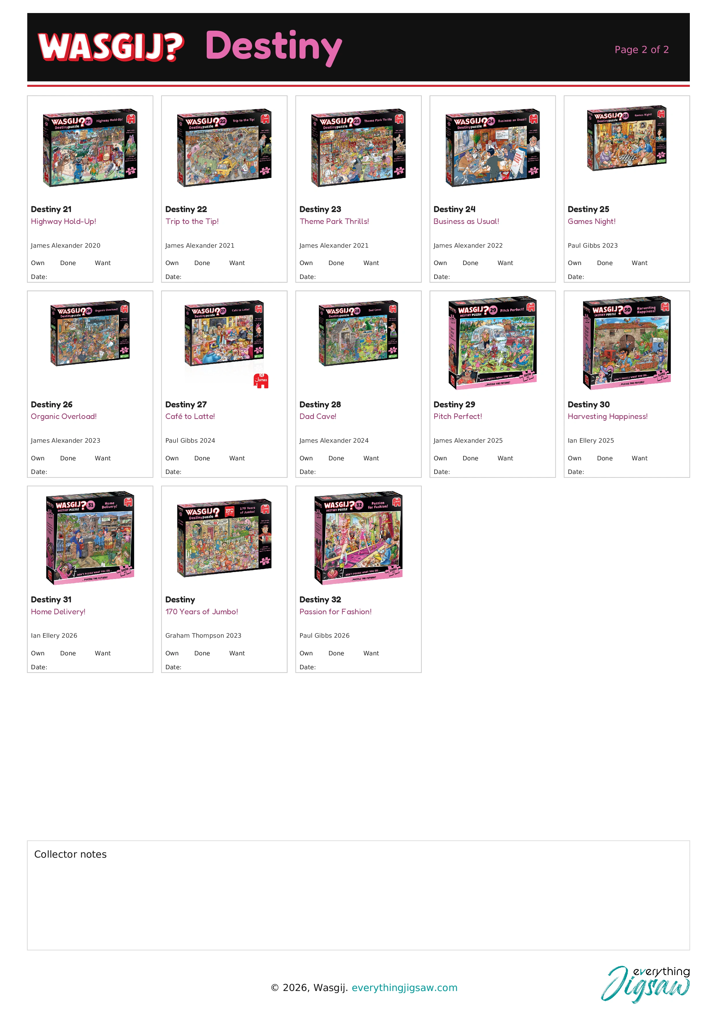 Wasgij Destiny puzzle collector list — box images, page 2 of 2